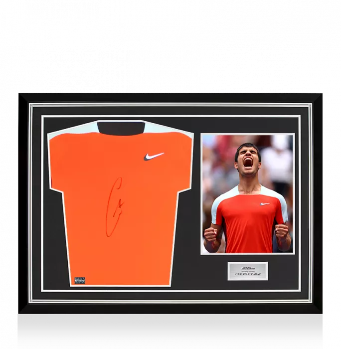 icons Carlos Alcaraz Signed Orange Nike Court Slam Tennis Shirt In Hero Frame: Option 1