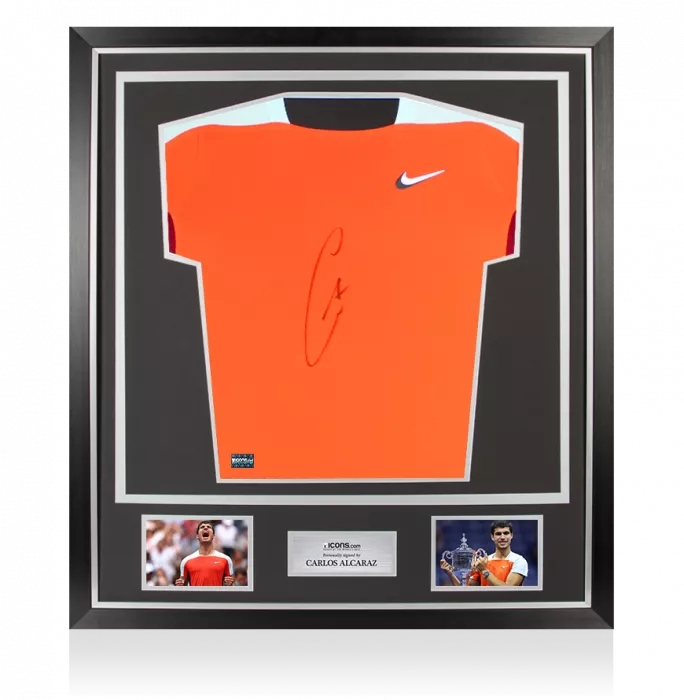 icons Carlos Alcaraz Signed Orange Nike Court Slam Tennis Shirt In Classic Frame