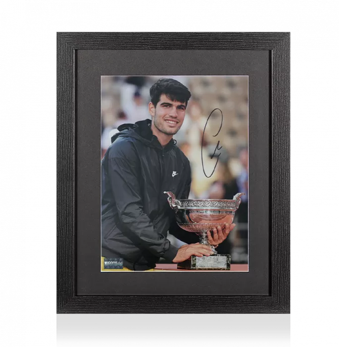 icons Carlos Alcaraz Signed Photo In Black Wooden Frame: French Open 2024 Trophy