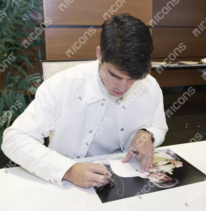 Icons Carlos Alcaraz Signed Photo In Black Wooden Frame: Wimbledon 2024 Trophy Lift