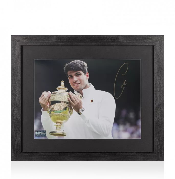 icons Carlos Alcaraz Signed Photo In Black Wooden Frame: Wimbledon 2024 Trophy Lift