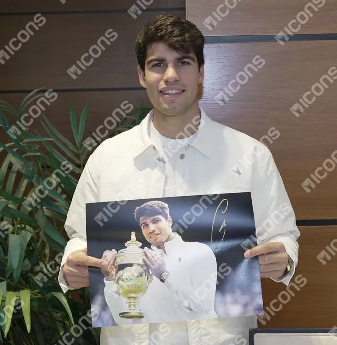 Icons Carlos Alcaraz Signed Photo In Premium Photo Frame: Wimbledon 2024 Trophy Lift