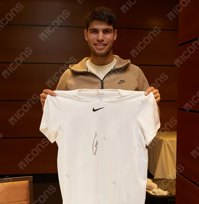 Icons Carlos Alcaraz Signed White Nike Court Slam Tennis Shirt In Classic Frame