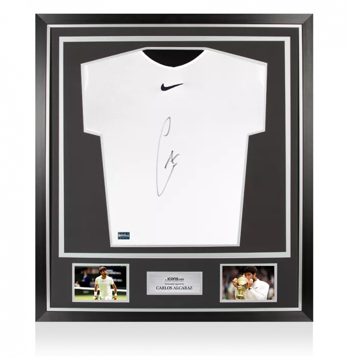 icons Carlos Alcaraz Signed White Nike Court Slam Tennis Shirt In Classic Frame