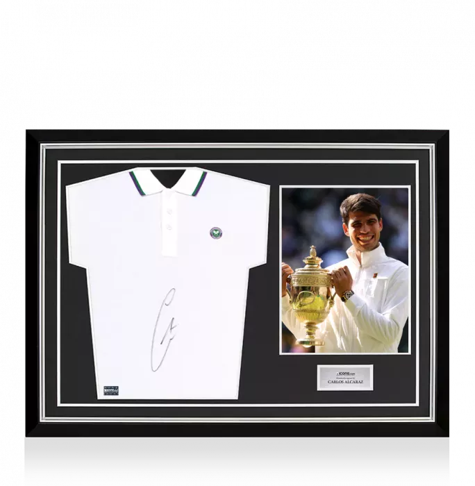 icons Carlos Alcaraz Signed White Wimbledon Polo Shirt In Hero Frame: Option 2