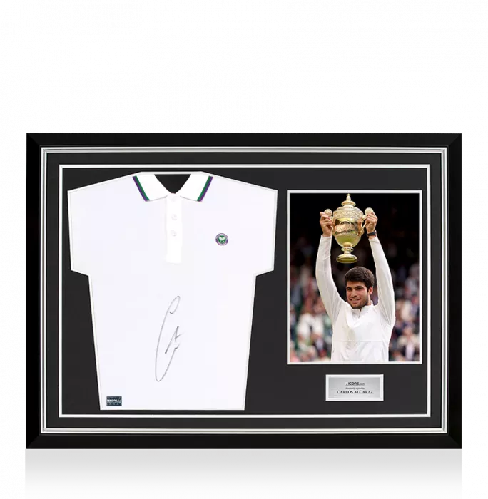 Icons Carlos Alcaraz Signed White Wimbledon Polo Shirt In Hero Frame: Option 1