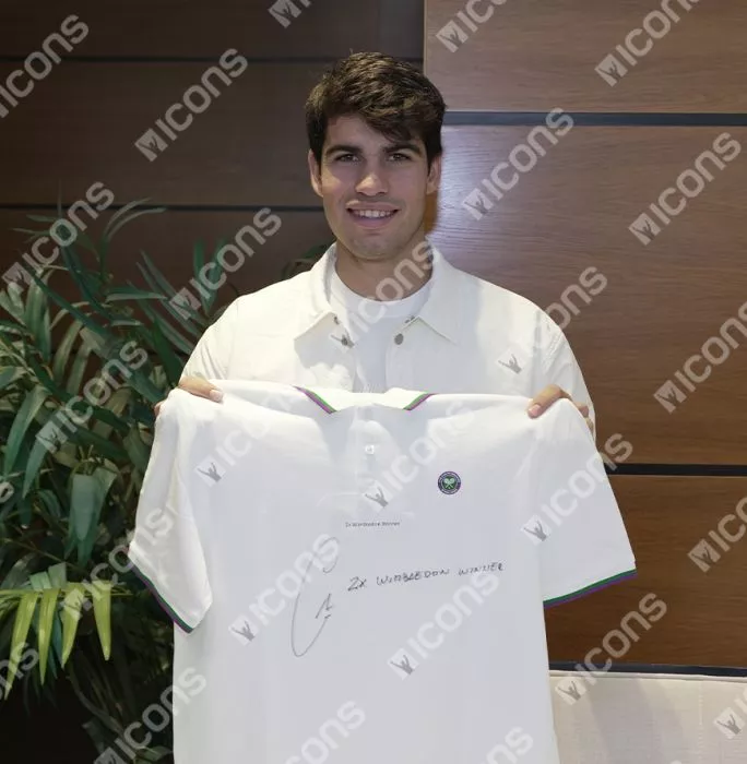 Icons Carlos Alcaraz Signed Wimbledon Polo Shirt - "2x Wimbledon Winner" Inscription In Classic Frame