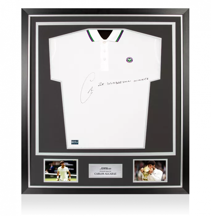 icons Carlos Alcaraz Signed Wimbledon Polo Shirt - "2x Wimbledon Winner" Inscription In Classic Frame