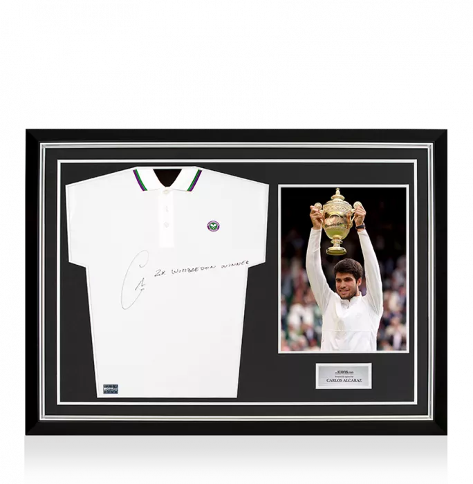 icons Carlos Alcaraz Signed Wimbledon Polo Shirt - "2x Wimbledon Winner" Inscription In Hero Frame: Option 1