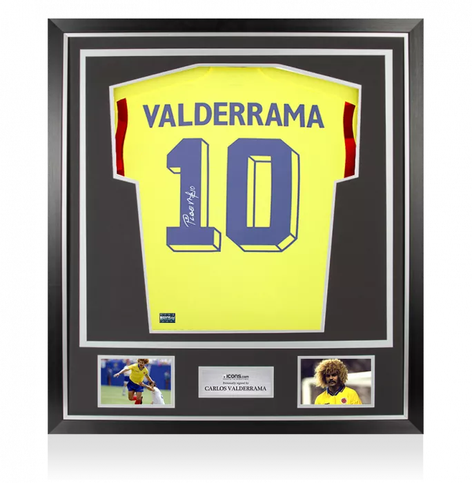 icons Carlos Valderrama Back Signed Colombia 2022-23 Home Shirt With Fan Style Numbers In Classic Frame