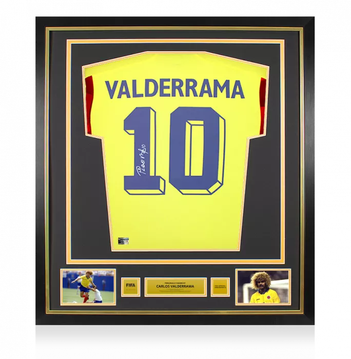 icons Carlos Valderrama Official FIFA World Cup™ Back Signed and Framed Colombia 2022-23 Home Shirt With Fan Style Numbers