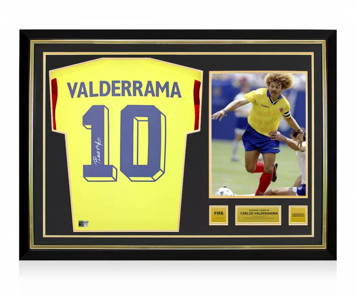 icons Carlos Valderrama Official FIFA World Cup™ Back Signed and Hero Framed Colombia 2022-23 Home Shirt With Fan Style Numbers