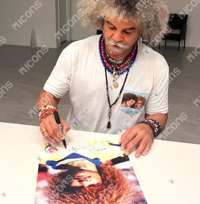 Icons Carlos Valderrama Signed Colombia Photo In Black Wooden Frame: Head Shot