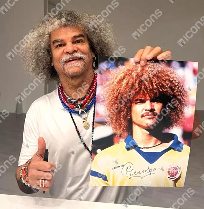 Icons Carlos Valderrama Signed Colombia Photo In Black Wooden Frame: Head Shot
