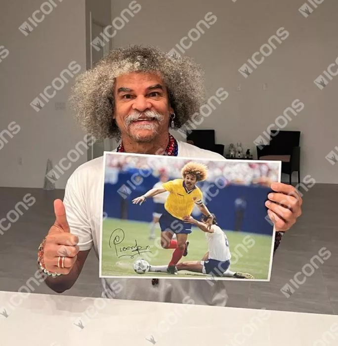 Icons Carlos Valderrama Signed Colombia Photo In Black Wooden Frame: FIFA World Cup