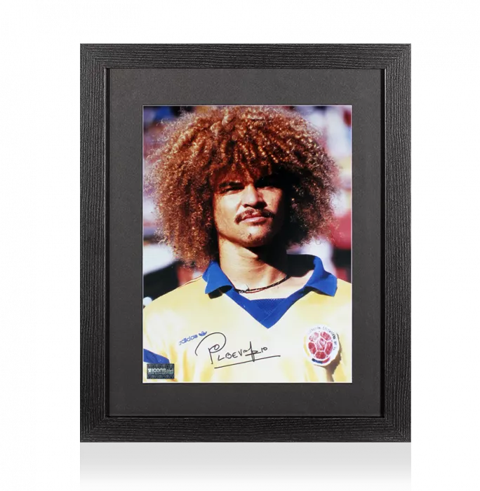 icons Carlos Valderrama Signed Colombia Photo in Black Wooden Frame: Head Shot