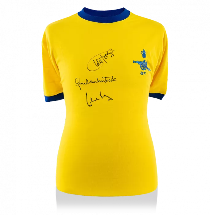 icons Charlie George Frank McLintock & Eddie Kelly Front Signed Arsenal Shirt: 1971 FA Cup Winners Special Edition