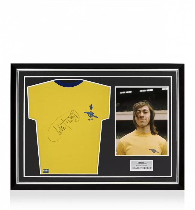 Icons Charlie George Front Signed Retro Arsenal Away Shirt: 1971 FA Cup Winners Edition Home Shirt In Hero Frame: Option 1