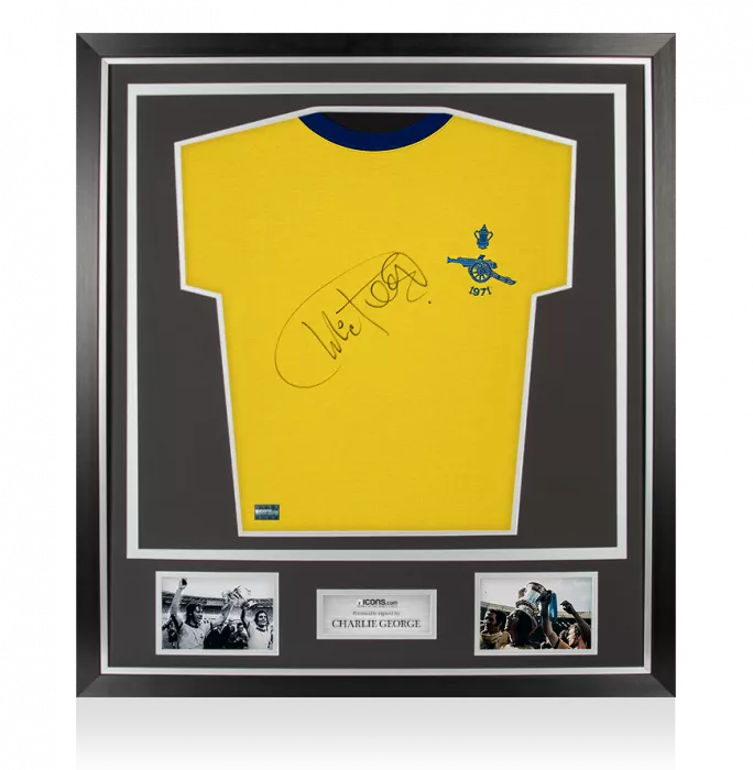 icons Charlie George Front Signed Retro Arsenal Away Shirt In Classic Frame: 1971 FA Cup Winners Edition