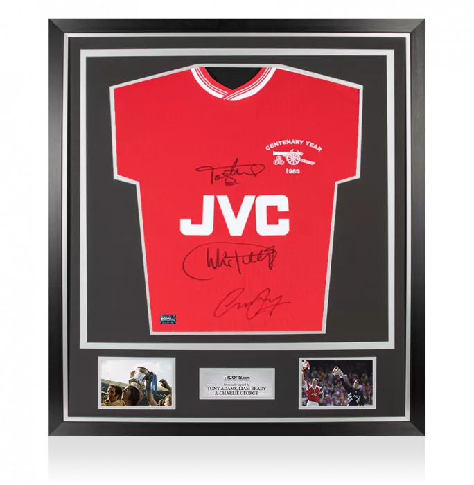 icons Charlie George Tony Adams & Liam Brady Front Signed Arsenal Home Shirt In Classic Frame
