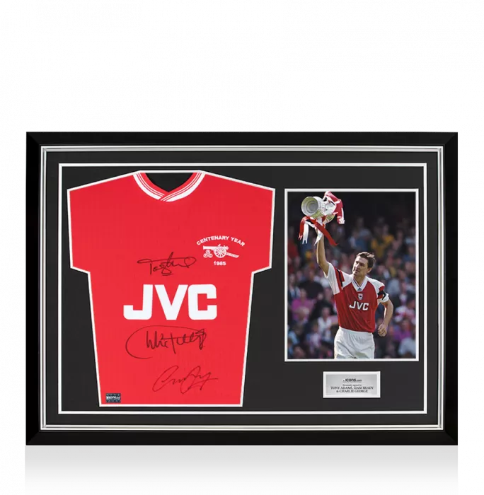icons Charlie George Tony Adams & Liam Brady Front Signed Arsenal Home Shirt In Hero Frame: Option 1