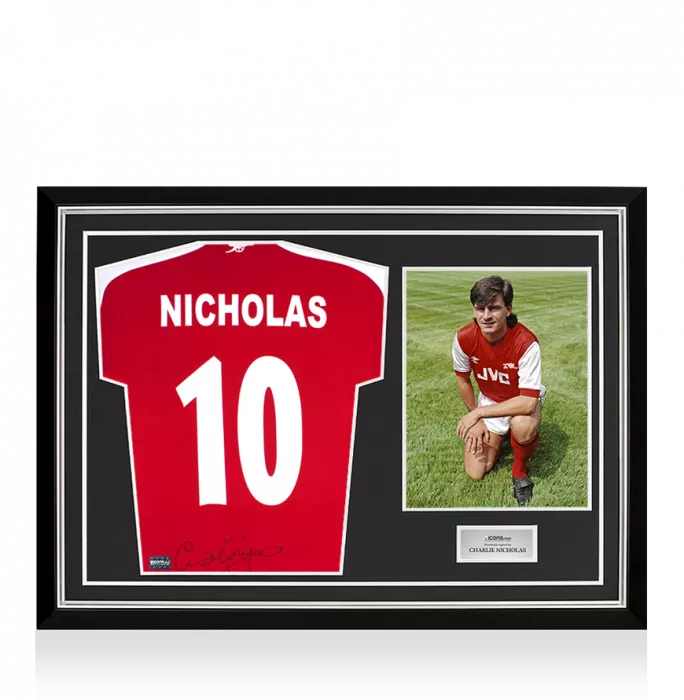 Icons Charlie Nicholas Back Signed Arsenal Home Shirt In Hero Frame: Option 1