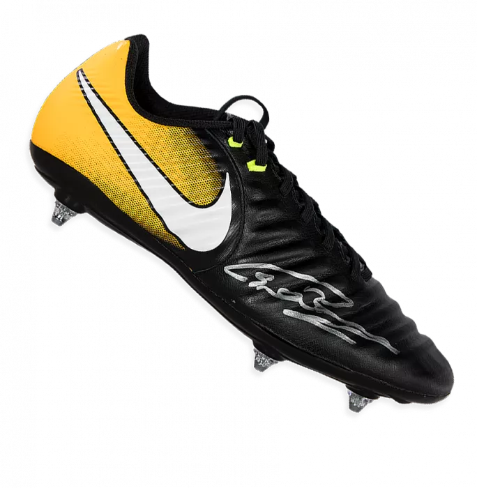 icons Chris Smalling Signed Yellow and Black Nike Tiempo Boot