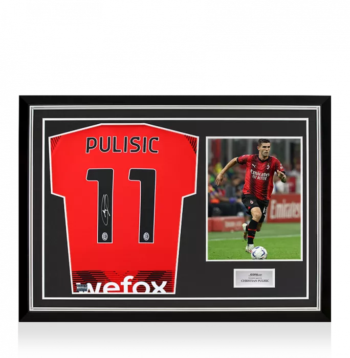 icons Christian Pulisic Back Signed AC Milan 2023-24 Home Shirt In Hero Frame: Option 1