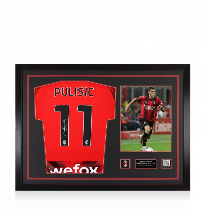 icons Christian Pulisic Official AC Milan Back Signed and Framed 2023-24 Home Shirt