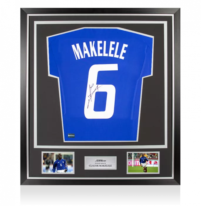 icons Claude Makelele Back Signed France 2002-04 Home Shirt with Fan Style Numbers In Classic Frame