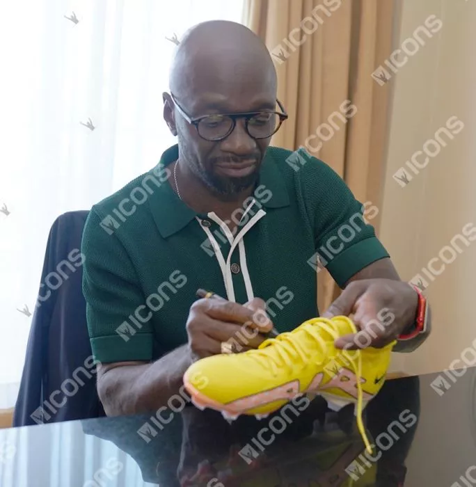 Icons Claude Makelele Official UEFA Champions League Signed Yellow Nike Mercurial Boot In Acrylic Case