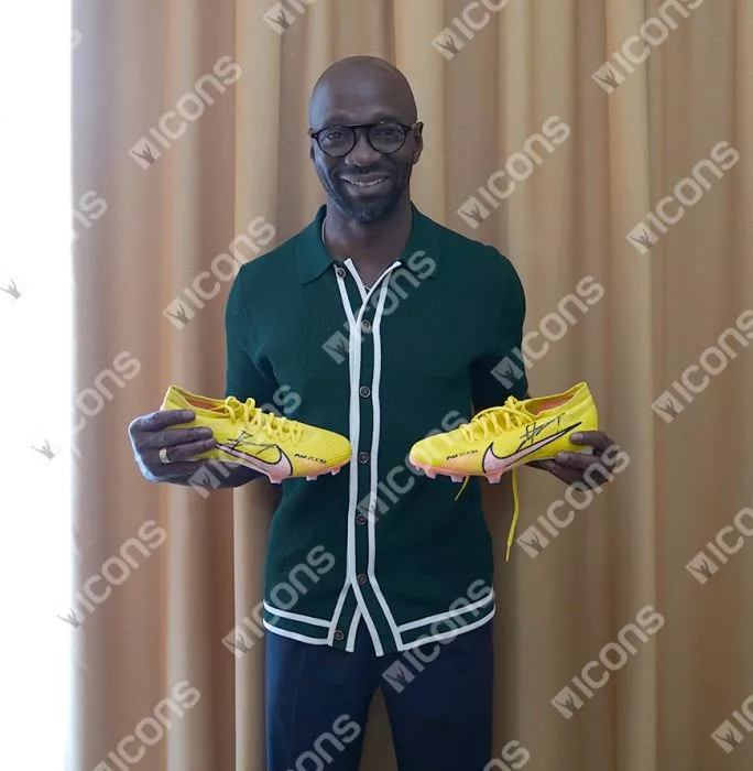 Icons Claude Makelele Official UEFA Champions League Signed Yellow Nike Mercurial Boot In Acrylic Case
