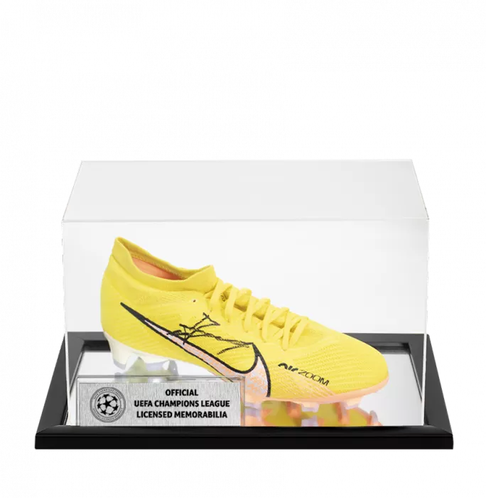 icons Claude Makelele Official UEFA Champions League Signed Yellow Nike Mercurial Boot In Acrylic Case