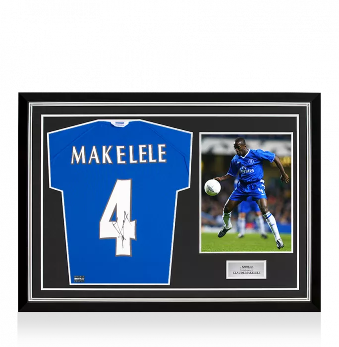 icons Claude Makelele Signed Retro Chelsea FC Shirt with Fan Style Numbers In Hero Frame: Option 1
