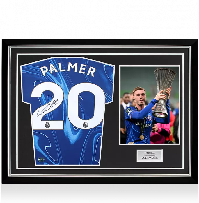 icons Cole Palmer Back Signed Chelsea 2024-25 Home Shirt In Hero Frame: UEFA Conference League Winner