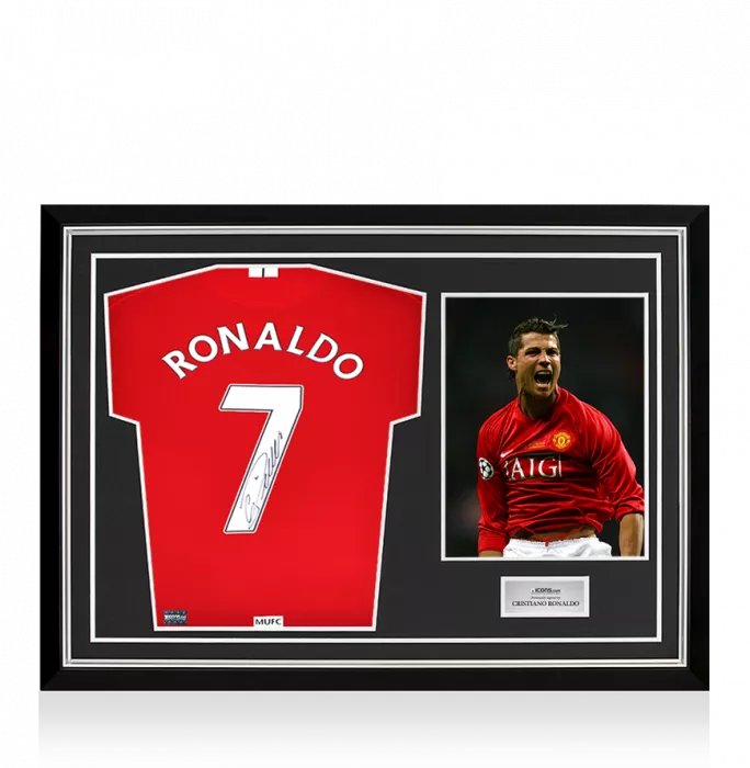 icons Cristiano Ronaldo Back Signed Manchester United 2007-09 Home Shirt with Fan Style Numbers In Hero Frame: Option 1