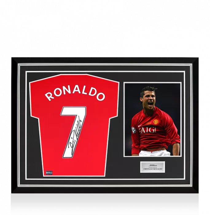 icons Cristiano Ronaldo Back Signed Manchester United 2019-20 Home Shirt with Fan Style Numbers In Hero Frame: Option 1