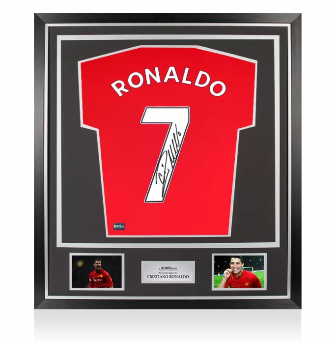 icons Cristiano Ronaldo Back Signed Manchester United 2019-20 Home Shirt with Fan Style Numbers In Classic Frame