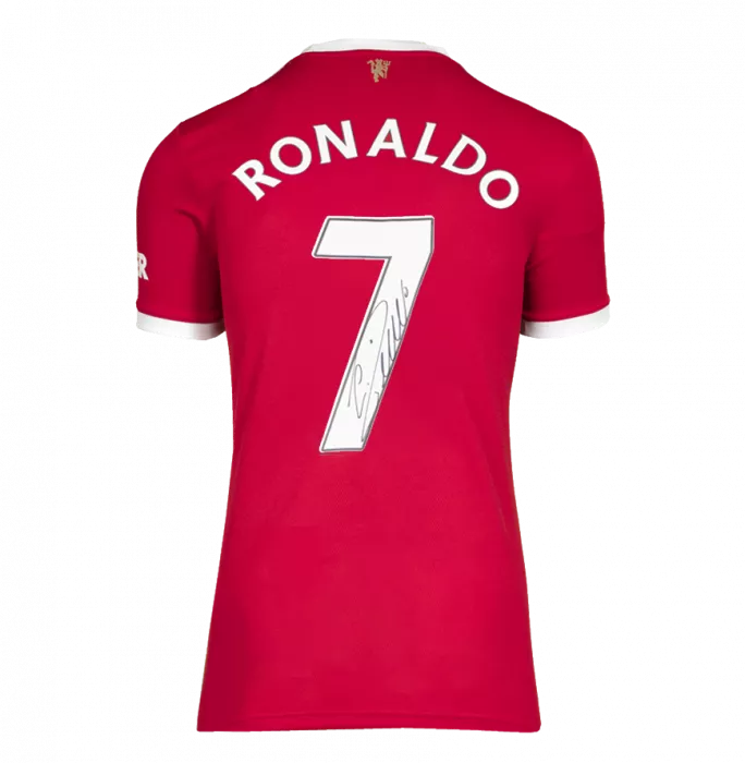 Icons Cristiano Ronaldo Back Signed Manchester United 2021-22 Home Shirt With Retro Fan Style Numbers In Hero Frame: Option 1