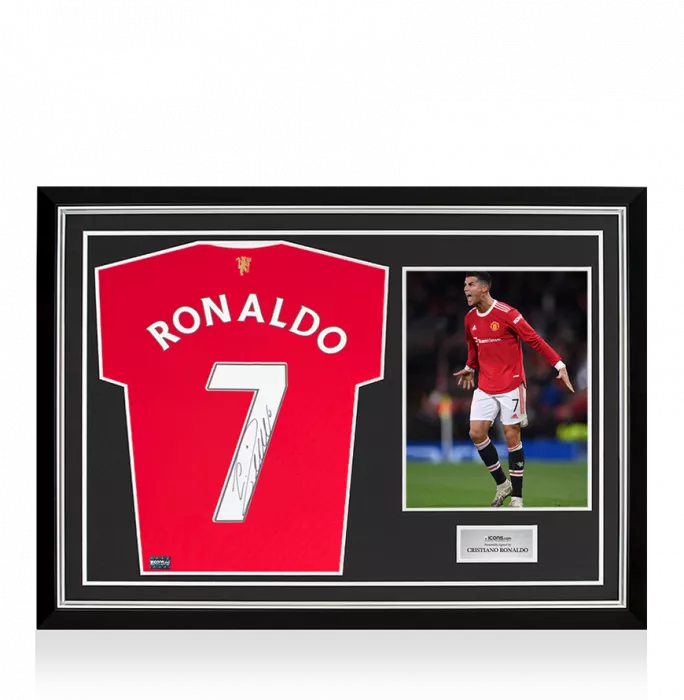 Icons Cristiano Ronaldo Back Signed Manchester United 2021-22 Home Shirt With Retro Fan Style Numbers In Hero Frame: Option 1
