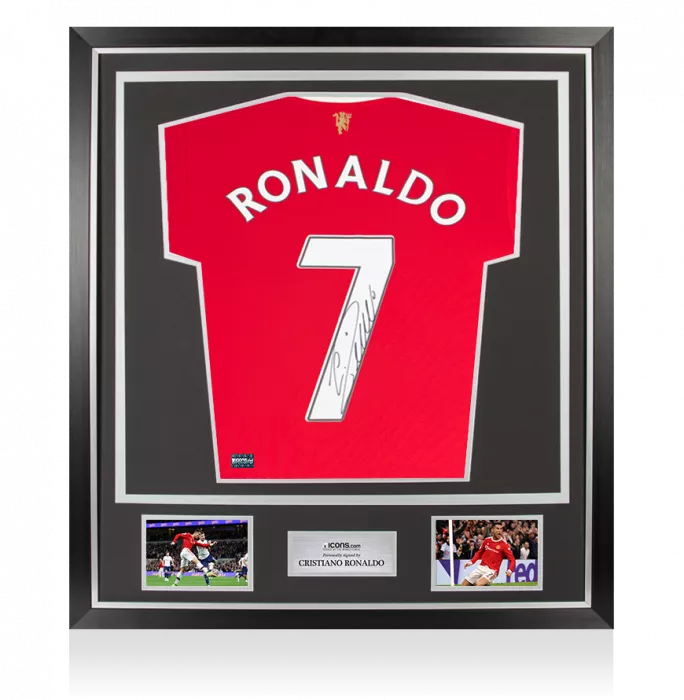 Icons Cristiano Ronaldo Back Signed Manchester United 2021-22 Home Shirt With Retro Fan Style Numbers In Classic Frame