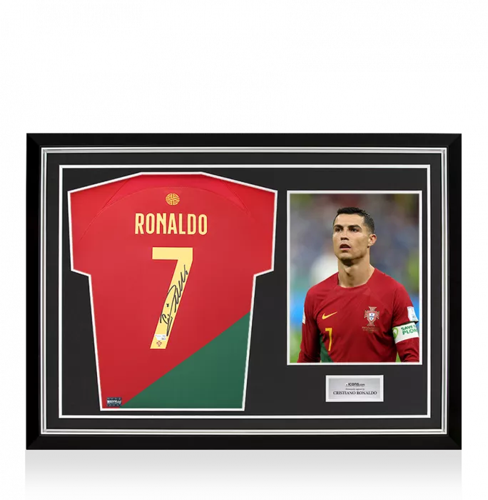 icons Cristiano Ronaldo Back Signed Portugal 2022-23 Home Shirt In Hero Frame: Option 1