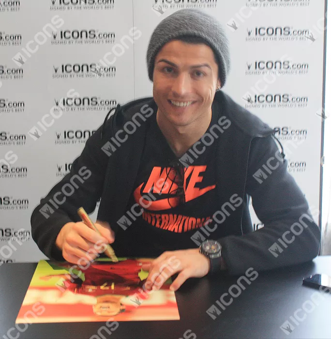 Icons Cristiano Ronaldo Gold Signed Portugal Photo In Black Wooden Frame: 2006 FIFA World Cup Goal Vs Iran