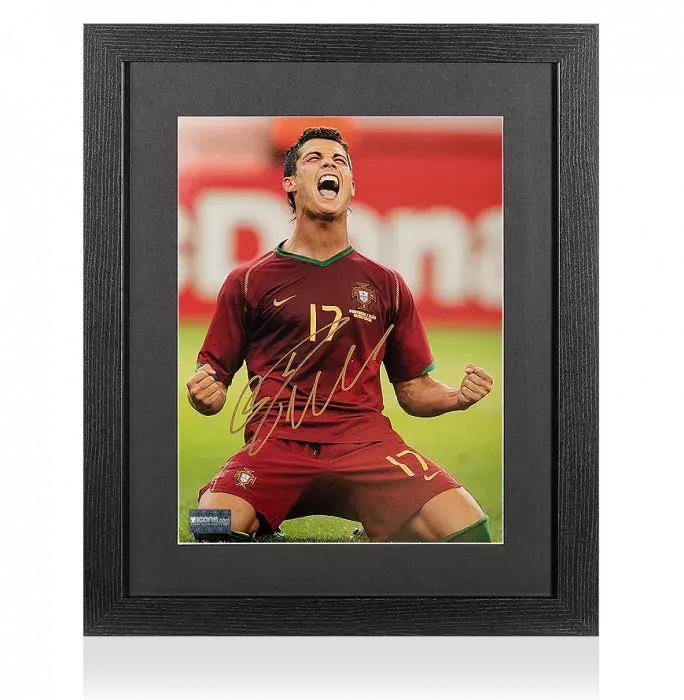 Icons Cristiano Ronaldo Gold Signed Portugal Photo In Black Wooden Frame: 2006 FIFA World Cup Goal Vs Iran