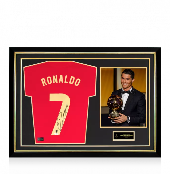 Icons Cristiano Ronaldo Official Ballon D'Or™ Back Signed And Hero Framed Portugal 2021 Home Shirt