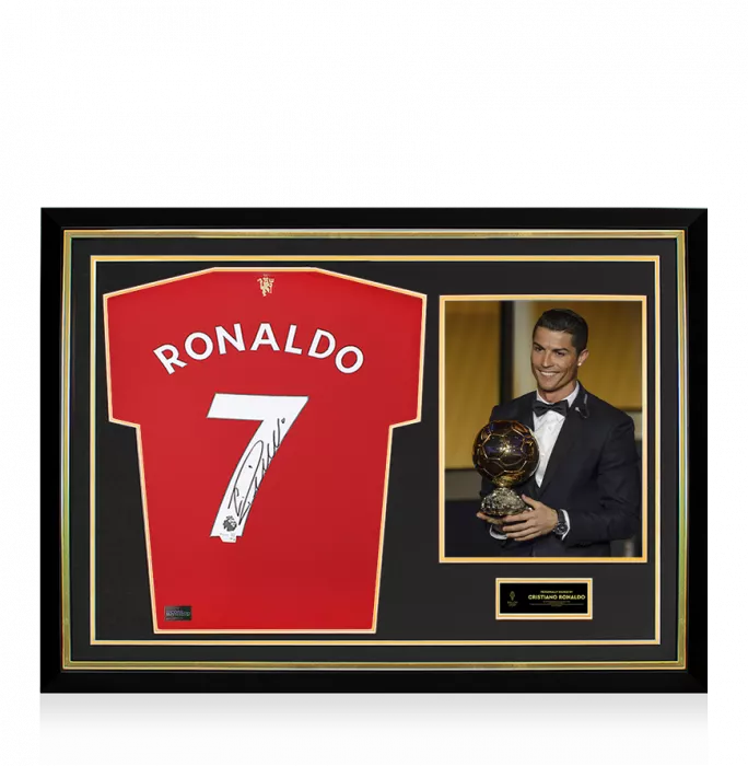 icons Cristiano Ronaldo Official Ballon d'Or™ Back Signed and Hero Framed Manchester United 2021-22 Home Shirt