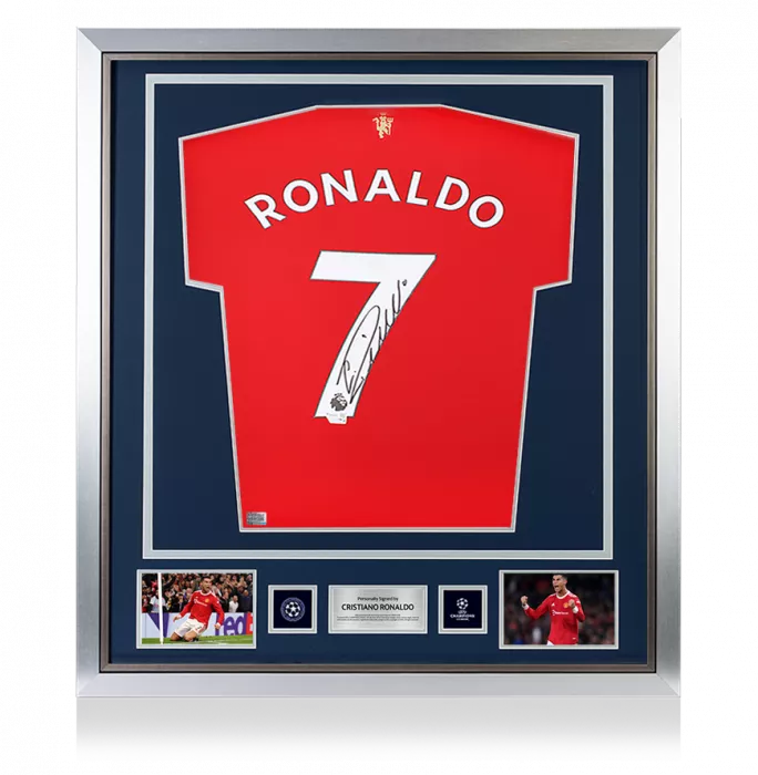 Icons Cristiano Ronaldo Official UEFA Champions League Back Signed And Framed Manchester United 2021-22 Home Shirt