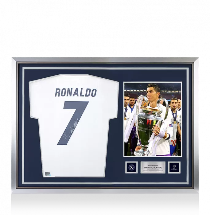 icons Cristiano Ronaldo Official UEFA Champions League Back Signed and Hero Framed Real Madrid Modern Home Shirt