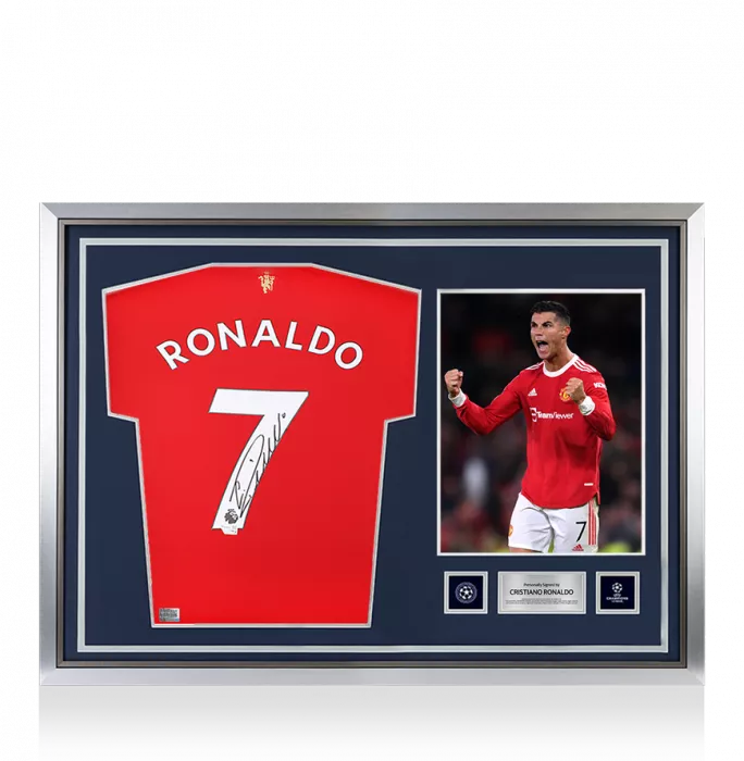 icons Cristiano Ronaldo Official UEFA Champions League Back Signed and Hero Framed Manchester United 2021-22 Home Shirt