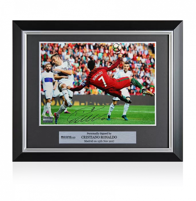 icons Cristiano Ronaldo Signed and Framed Portugal Photo: Overhead Kick Goal